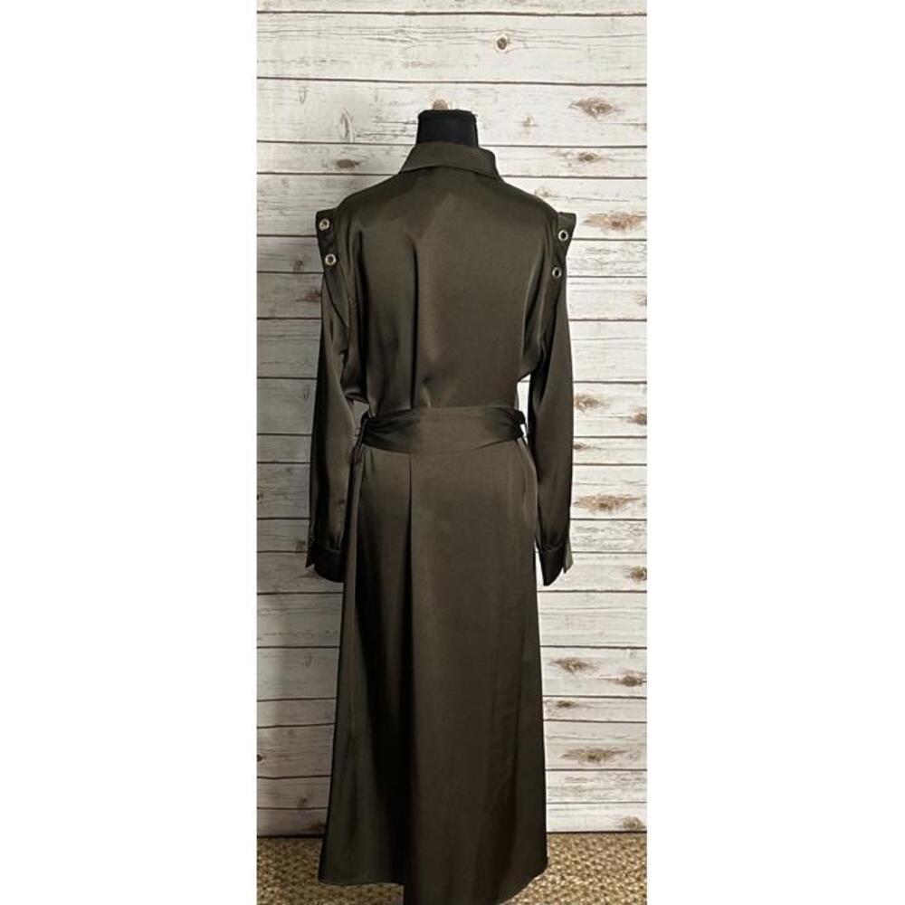 Zara olive green satin grommet detail belted Ring Trim maxi shirtdress Size M - Picture 8 of 13